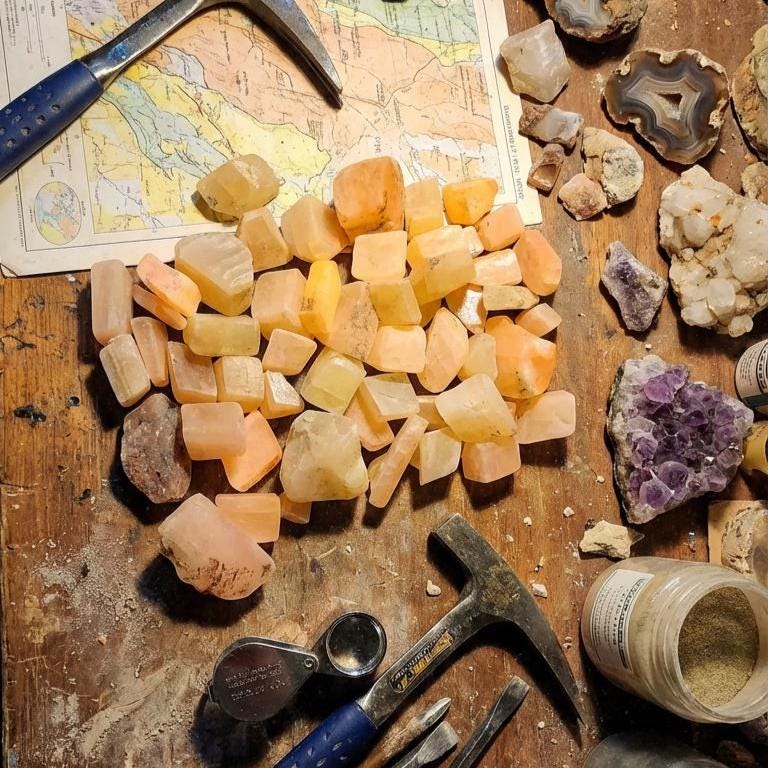 A large scatter of orange, yellow, and cream calcite chunks displayed on a topographic map surrounded by rockhounding tools, amethyst clusters, agate slices, and mineral jars. Dramatic overhead lighting enhances translucency. Scene conveys field exploration and lapidary preparation, emphasizing the material’s fluorescence potential and suitability for carving and inlay.