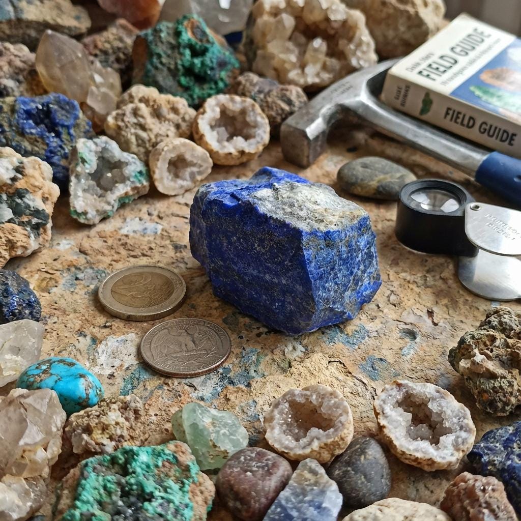 “A raw lapis lazuli specimen placed among geodes, turquoise fragments, quartz clusters, coins for scale, a hammer, and a jeweler’s loupe. The vivid blue lazurite contrasts with tan and green mineral specimens, presenting the stone in a lapidary and geology workspace ideal for cabochon making or ultramarine pigment preparation.”
