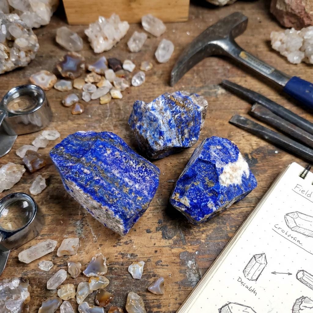 “A workbench scene featuring three pieces of raw lapis lazuli displaying deep ultramarine blue with pyrite flecks and calcite streaks. Surrounding tools include a rock hammer, chisels, loupe, quartz crystals, agate nodules, and field notes. The setup evokes active lapidary work, mineral identification, and cabbing or pigment preparation.”