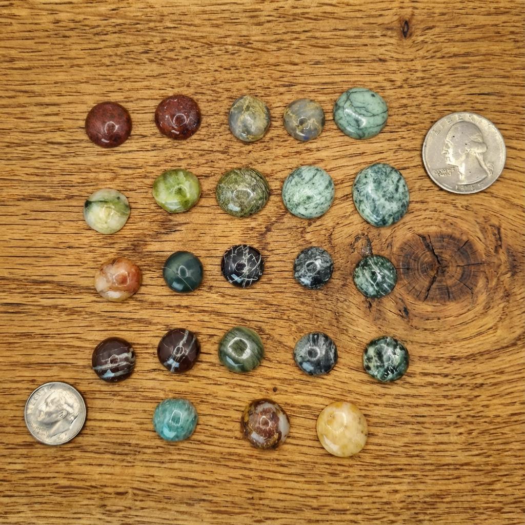 Top-down view of assorted polished cabochon gemstones laid out in rows on a wood board. Stones include jasper, agate, and chalcedony varieties in greens, browns, reds, and yellows. Different dome heights and natural patterns are visible, with a dime for scale.