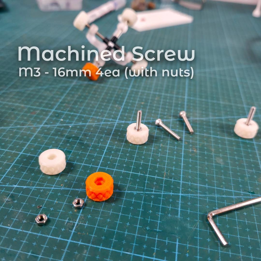 Machined M3 screws, matching nuts, and knurled plastic knobs arranged on a cutting mat beside dop stick components. Text overlay lists hardware requirements. Demonstrates the fastening system used in the Gem-Xfer digital file build, showing how the clamp module secures gemstones for epoxy curing and dop-to-dop alignment.