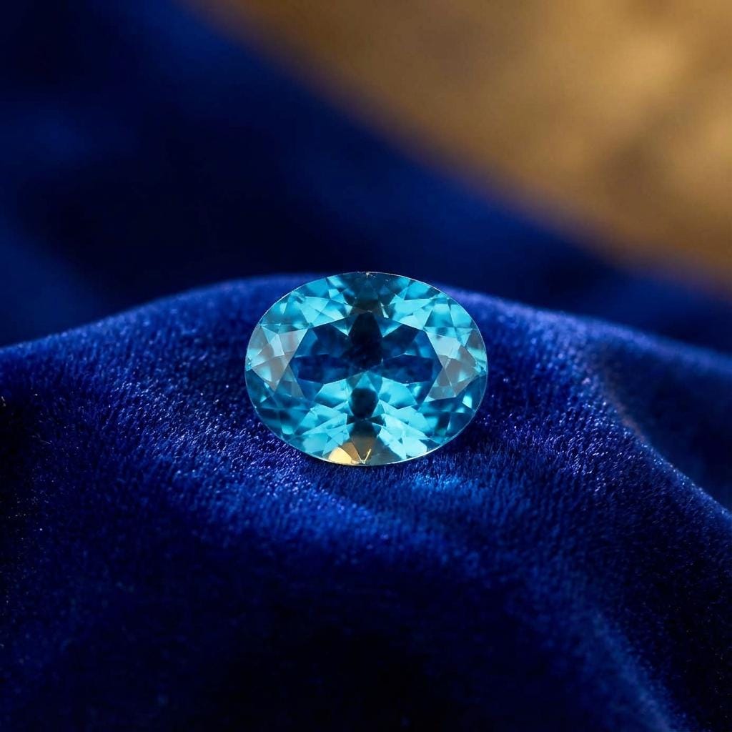 “Oval blue sapphire shown from a low-angle pavilion view on blue fabric, highlighting facet alignment, depth, and optical performance. The cut demonstrates consistent proportions and controlled brilliance, suitable for professional jewelry setting, recutting evaluation, or custom fabrication work.”