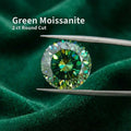 “Emerald green moissanite gemstone, 2 carat round cut, held in tweezers against a deep green velvet background. The Russian-style round cut shows dense facet patterning, strong symmetry, and high dispersion. Loose lab-grown moissanite intended for bench jewelers, custom ring design, and precision setting work.”