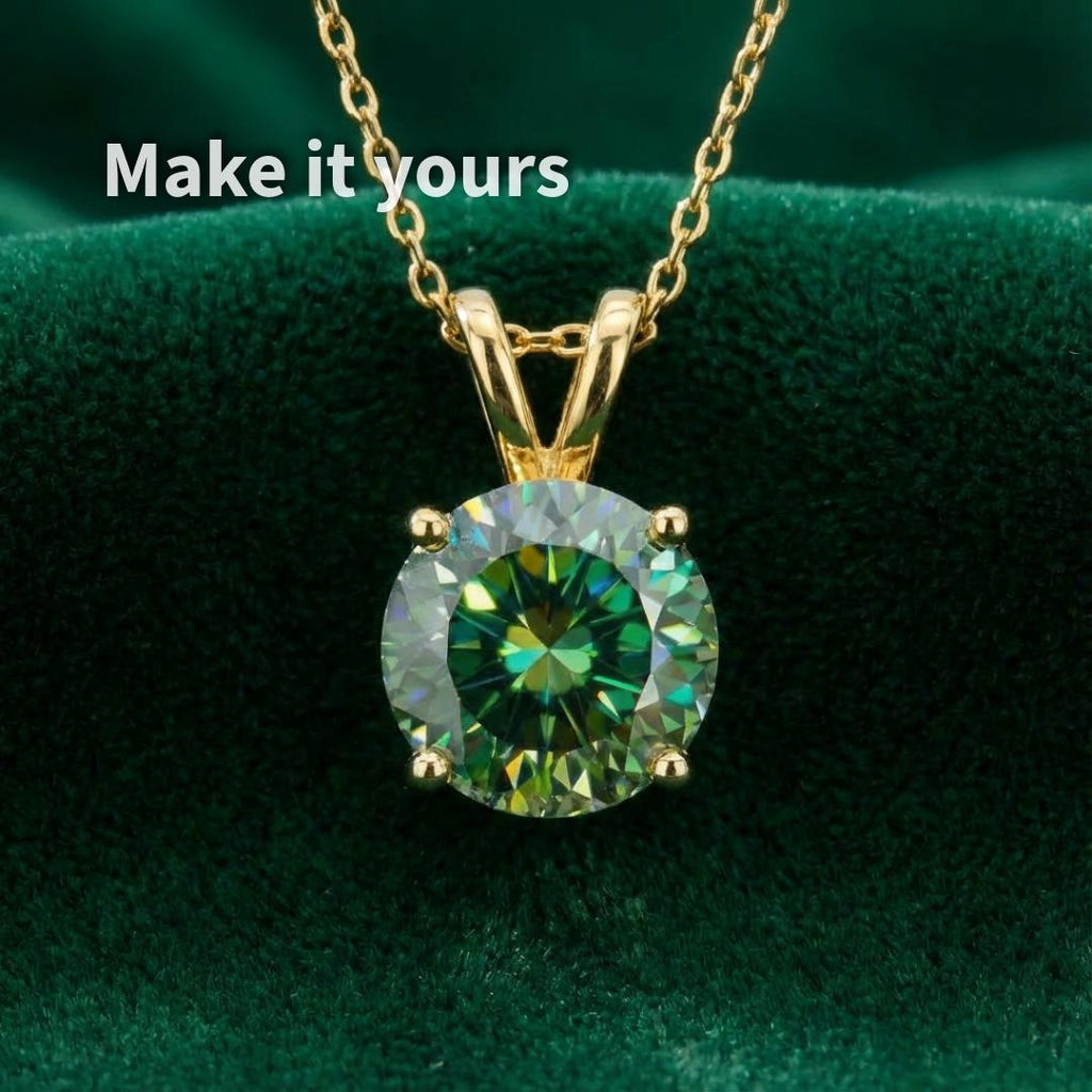 “Emerald green round moissanite shown set in a gold pendant to demonstrate scale and design potential. The image illustrates how the 8 mm, 2 ct stone translates from loose gemstone to finished jewelry while maintaining symmetry and visual balance. Listing is for the loose stone only.”