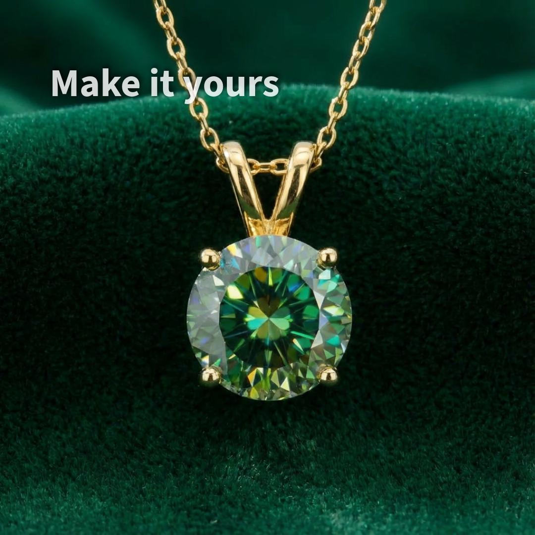 “Emerald green round moissanite shown set in a gold pendant to demonstrate scale and design potential. The image illustrates how the 8 mm, 2 ct stone translates from loose gemstone to finished jewelry while maintaining symmetry and visual balance. Listing is for the loose stone only.”