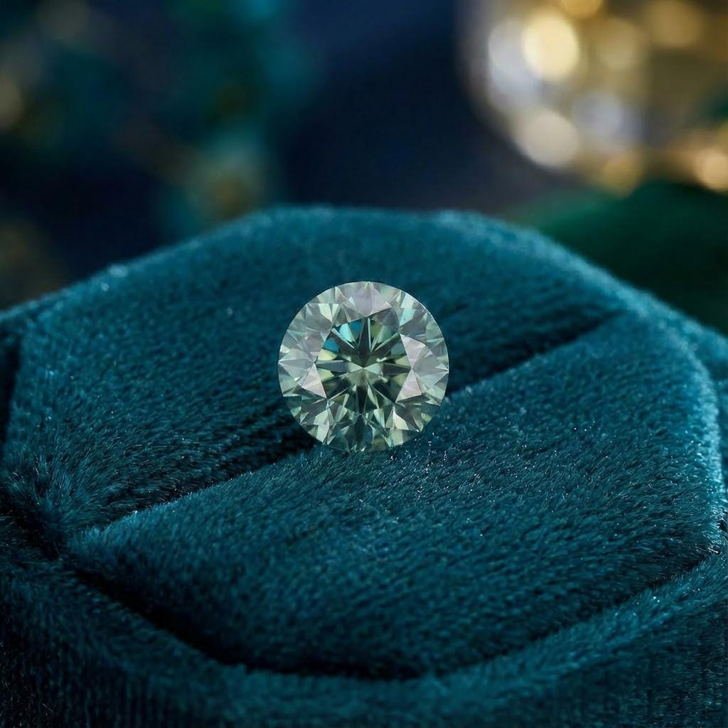 “Round emerald green moissanite resting on textured green fabric, displaying consistent color saturation and crisp facet junctions. The modified brilliant, Russian-style cut produces structured scintillation and controlled light return, suitable for fine jewelry fabrication and professional bench use.”