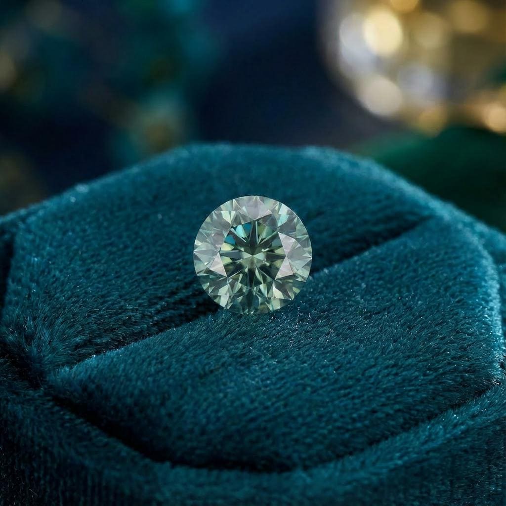 Round emerald green moissanite resting on textured green fabric