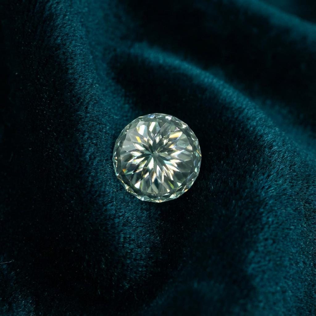 “Macro view of an emerald green round moissanite showing fine facet geometry, polish quality, and internal light behavior. The higher facet count of the Russian-style cut creates tight scintillation and structured brilliance, supporting evaluation by lapidaries and professional jewelers.”