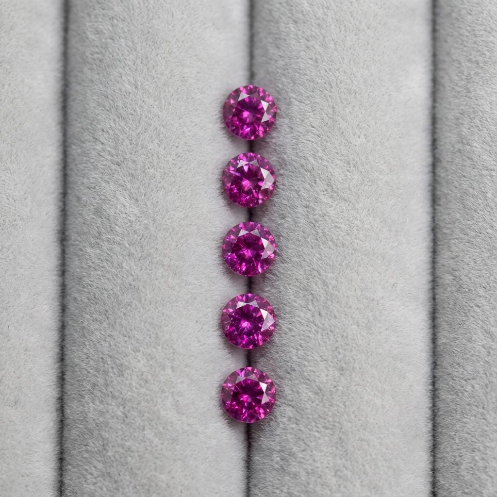 Vertical lineup of lab grown pink sapphire stones, 2 mm round cut, placed in a gray jewelry tray groove. Clean facet symmetry and saturated pink tone shown for precision accent stone use in fine jewelry fabrication.