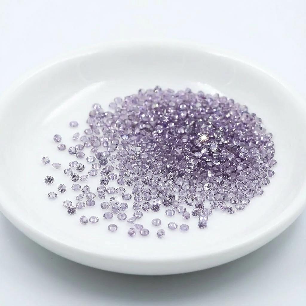 Loose 2mm lab-grown alexandrite round cut stones scattered in a white ceramic dish, displaying pale lavender to light violet tones with subtle brilliance. No visible text overlay. Calibrated micro faceted gemstones for jewelers needing uniform accent stones for halo settings, cluster builds, and precision inlay.