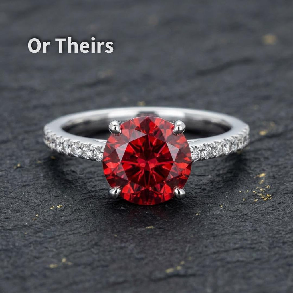 1 carat ruby moissanite set in a white metal ring, featuring a round Russian brilliant cut center stone. The image shows prong placement, stone size, and brilliance when mounted. Demonstrates suitability for engagement rings, anniversary jewelry, or custom commissions.