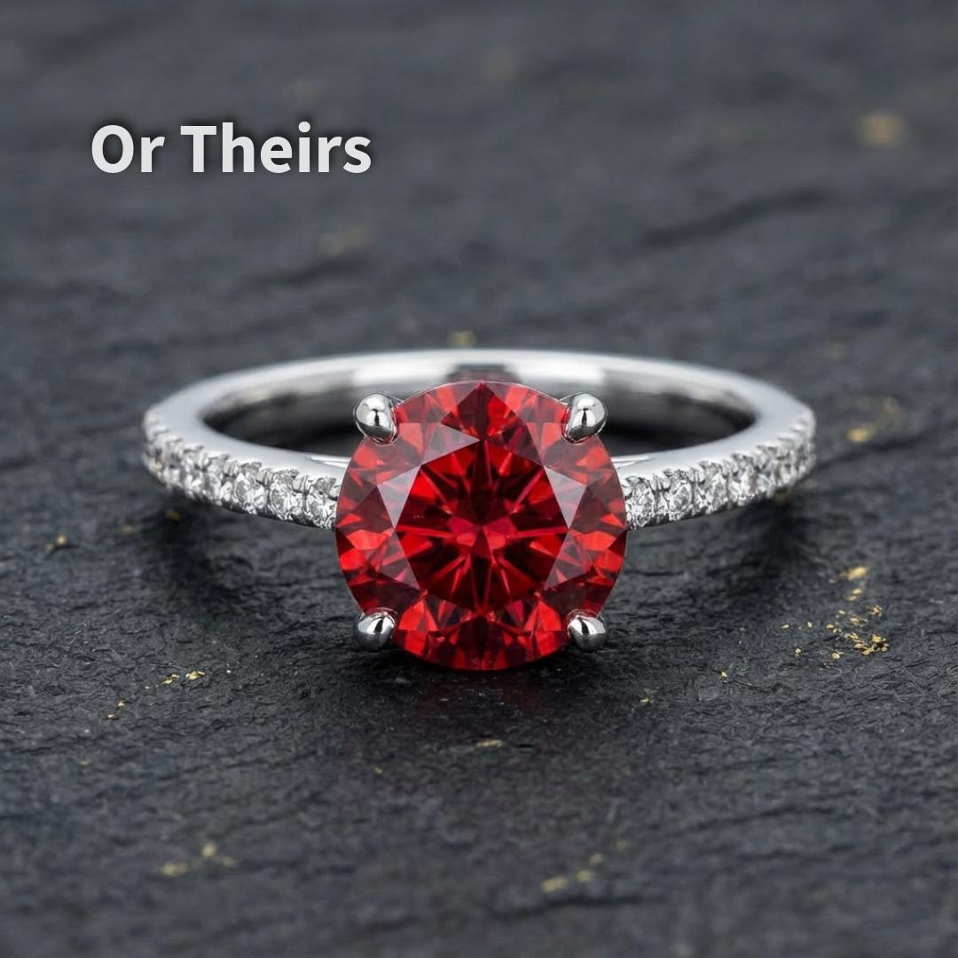 1 carat ruby moissanite set in a white metal ring, featuring a round Russian brilliant cut center stone. The image shows prong placement, stone size, and brilliance when mounted. Demonstrates suitability for engagement rings, anniversary jewelry, or custom commissions.