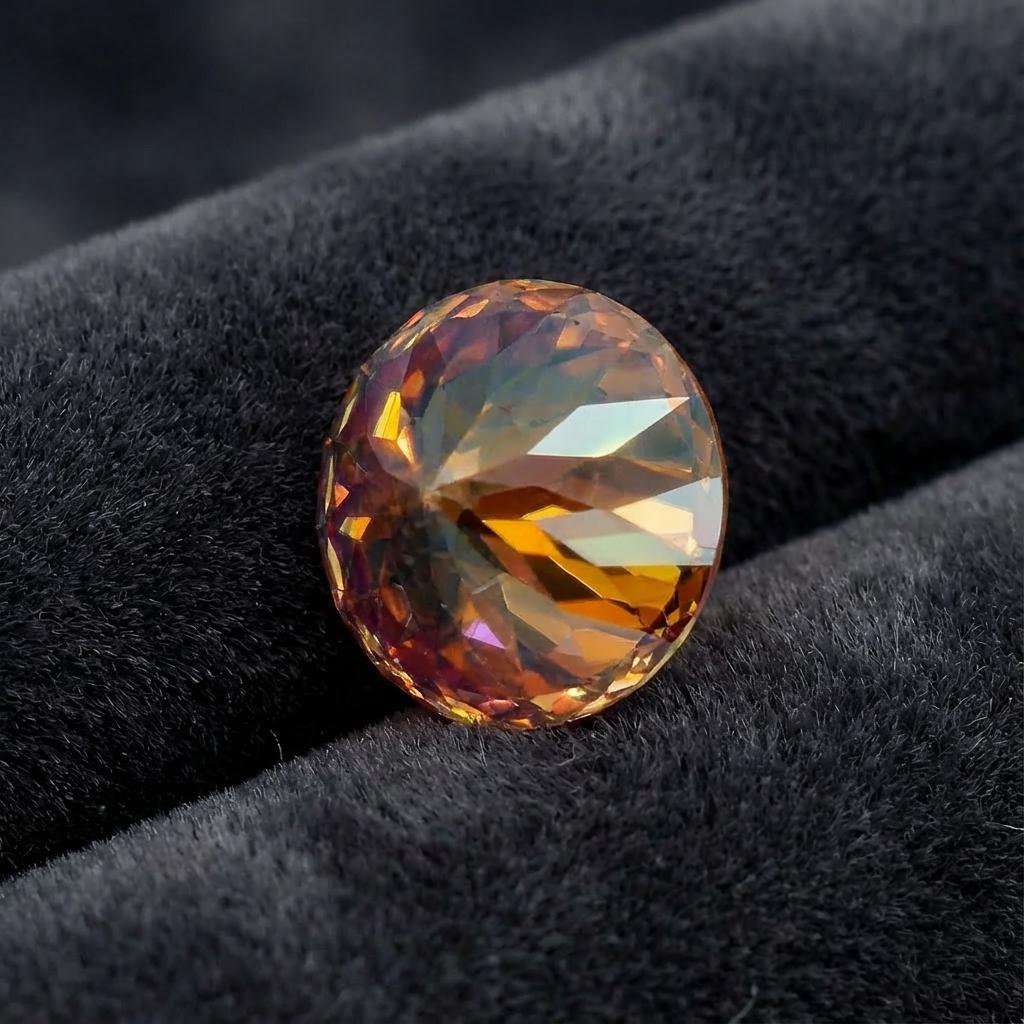 Round ruby moissanite gemstone displaying a Russian brilliant cut pavilion, photographed under warm light to show depth and fire. The faceting emphasizes brilliance and contrast across the crown and pavilion. Precision-cut lab-grown gemstone ready for custom jewelry or bespoke engagement settings.