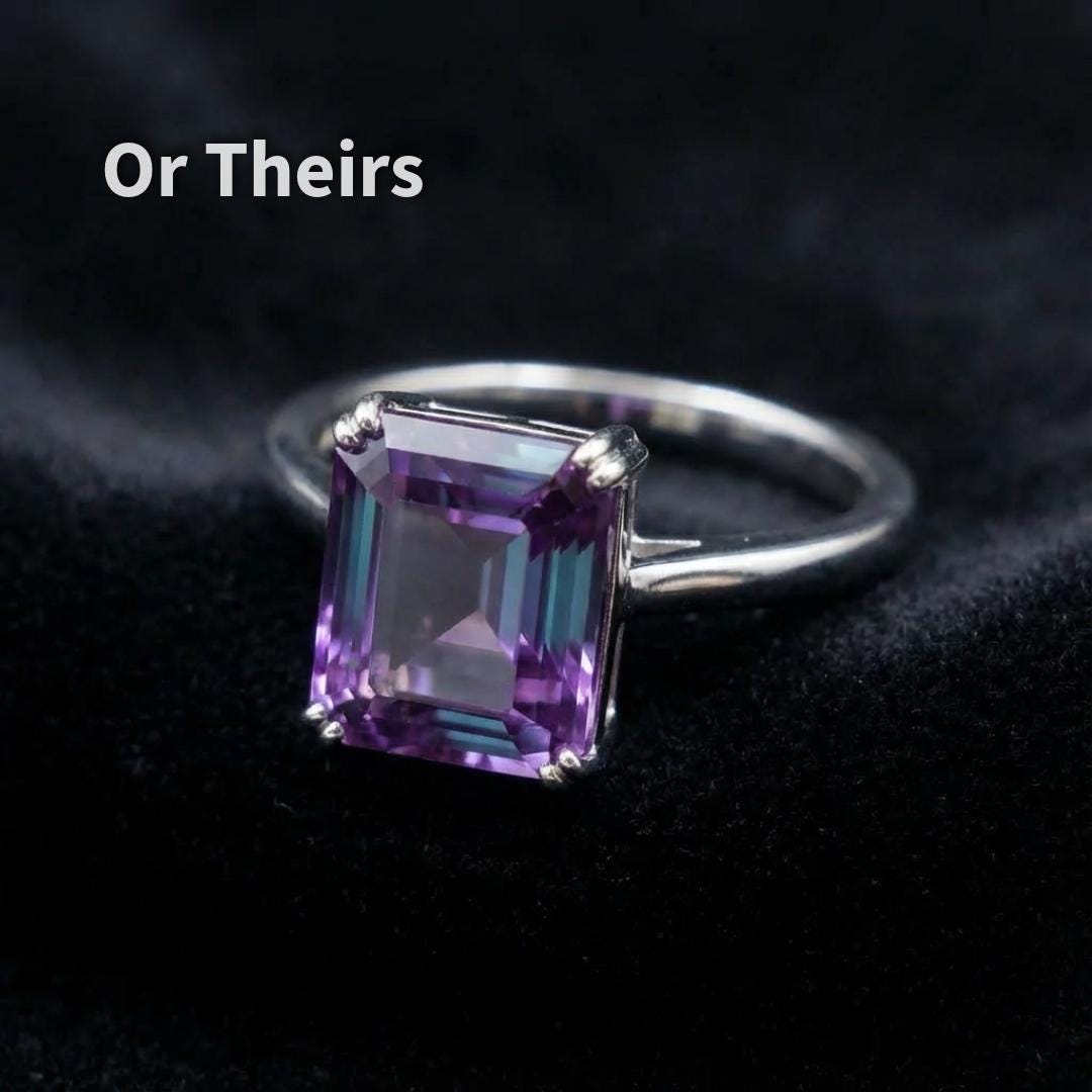 Alexandrite sapphire shown set in silver pendant for design inspiration, 6 ct Asscher cut stone with visible color shift from violet to teal, demonstrating scale and presence for custom jewelry commissions, stone sold separately.