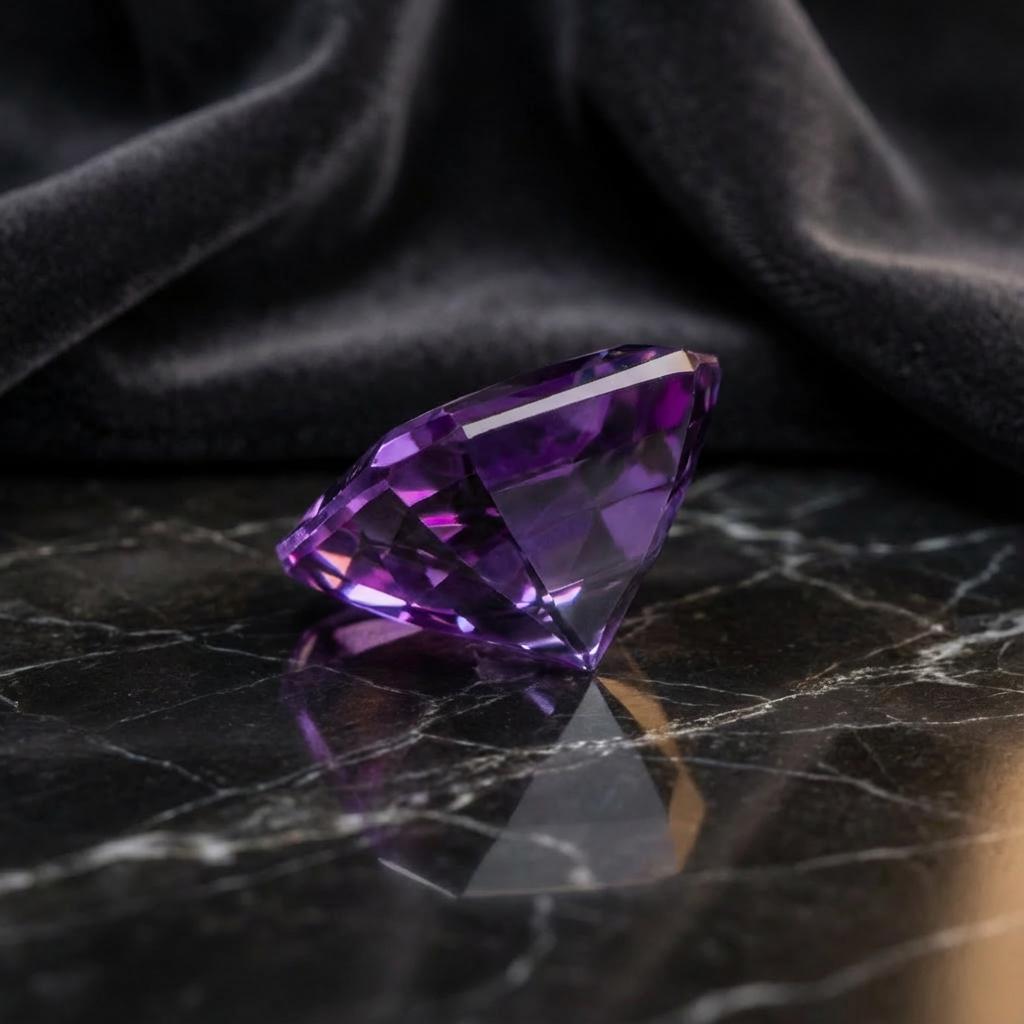 Asscher cut alexandrite sapphire viewed from side profile, 10x10mm square gemstone with tall crown and deep pavilion, precise step facets emphasizing clarity and symmetry, lab-grown sapphire material designed for fine jewelry settings.