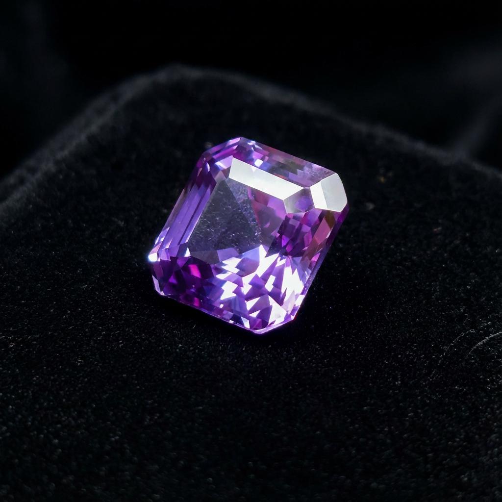 Alexandrite sapphire gemstone, 6 carat Asscher cut, 10x10mm square step-cut stone shown on cream jewelry cushion, displaying purple to teal color shift under neutral light, crisp concentric step facets, high symmetry, loose gemstone intended for custom jewelry or collector setting.