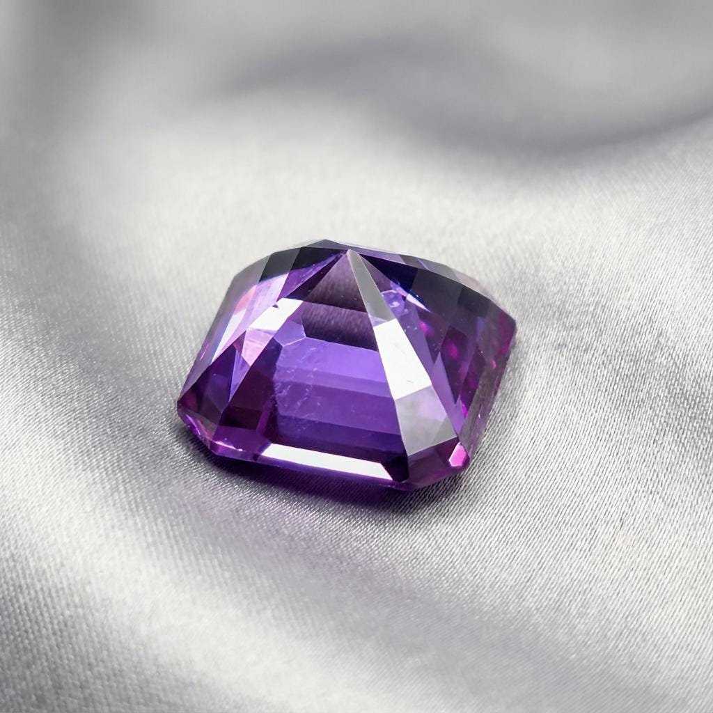 Close-up of Asscher cut alexandrite sapphire pavilion, showing concentric step facets, high polish, and optical depth, lab-grown sapphire gemstone engineered for symmetry, durability, and controlled light performance.