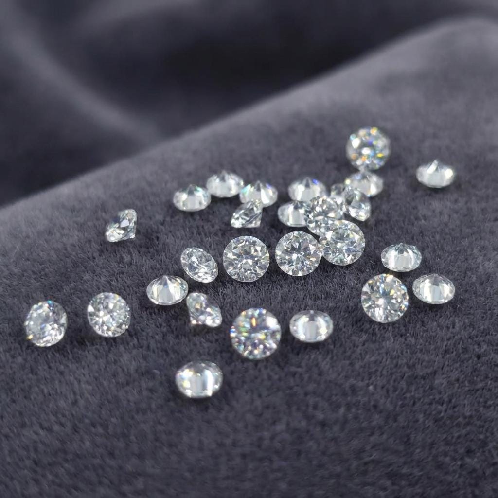 Loose 2 mm white sapphires scattered on charcoal velvet, round cut accent gemstones showing clean facets and consistent brilliance, suitable for jewelry making, micro-pavé, and detailed stone setting work.