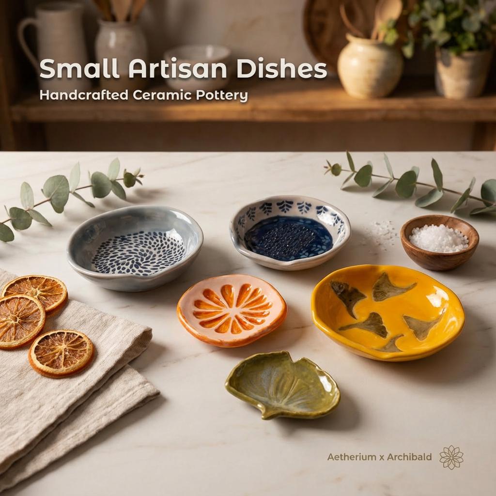A curated collection of five handmade artisan ceramic dishes displayed on a warm wooden tabletop. Designs include a gray-blue spotted dish, a navy botanical garlic rub, an orange slice, a yellow chanterelle mushroom dish, and a green ginkgo leaf dish. Each piece shows unique glazing, hand-carved details, and organic shapes. Presented as the Aetherium × Archibald Small Artisan Dish Collection.
