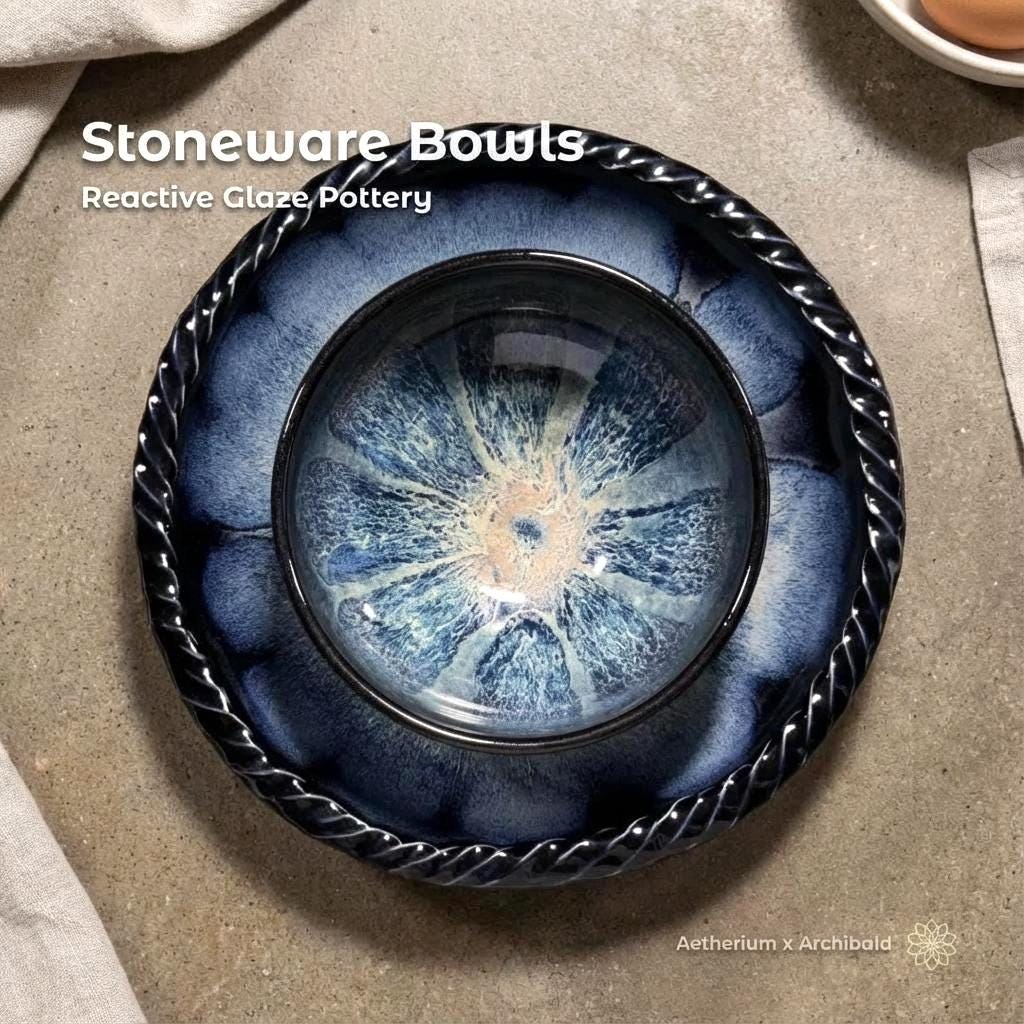 Overhead view of a small reactive glaze stoneware bowl nested inside a larger braided-rim stoneware bowl on a wood plank table. Both bowls have blue crystalline glaze patterns. White text in the top left reads “Stoneware Bowls” and “Reactive Glaze Pottery.” A small Aetherium x Archibald logo appears in the bottom right corner.