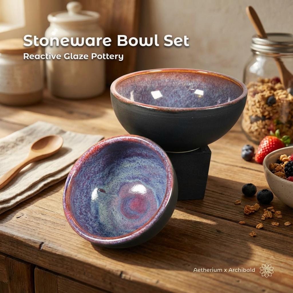 “Hero image showing two handmade stoneware bowls labeled ‘Stoneware Bowl Set’ and ‘Reactive Glaze Pottery’ in white text at the top left. A larger bowl with a purple-blue reactive glaze interior is elevated on a black block, with a matching smaller bowl angled in front. Both have matte black exteriors. Displayed on a rustic wooden table with the Aetherium × Archibald logo in the lower right corner.”