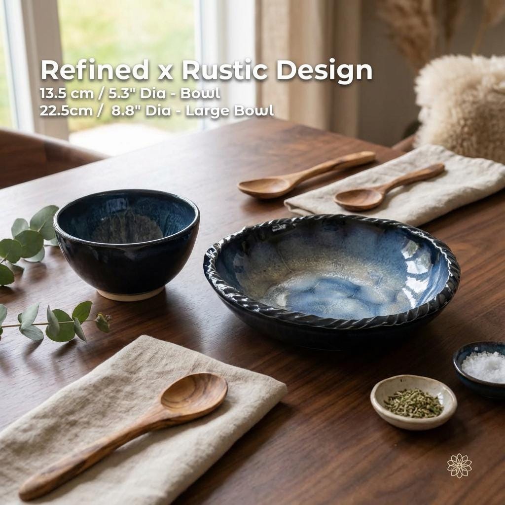 two reactive glaze bowls on a dinner table. food safe glaze is also safe for the dishwasher. Image has text overlay that specifies the size of the bowls