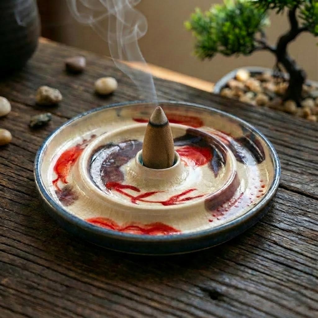 Angled view of a hand-painted ceramic incense dish resting on a weathered wooden table. The dish shows a raised central incense holder, cream crackle glaze texture, abstract red and muted purple painted motifs, and a blue rim. Wisps of incense smoke rise upward, highlighting the dish’s functional design and handcrafted surface details.
