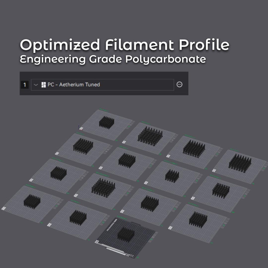Array of build plates inside slicing software, each displaying clustered dop stick models arranged for efficient PC printing. Text reads “Optimized Filament Profile – Engineering Grade Polycarbonate,” indicating the files include tuned print profiles for strength, consistency, and quill fit.