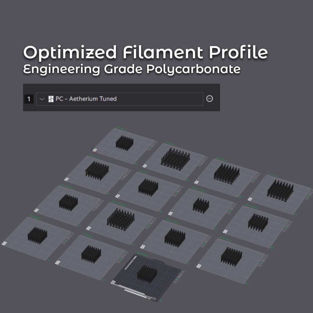 Array of build plates inside slicing software, each displaying clustered dop stick models arranged for efficient PC printing. Text reads “Optimized Filament Profile – Engineering Grade Polycarbonate,” indicating the files include tuned print profiles for strength, consistency, and quill fit.