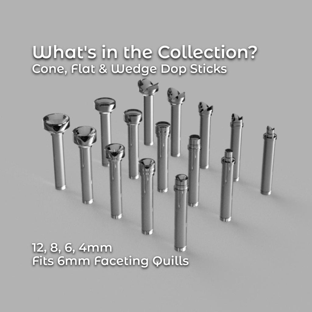 Full set of 3D-rendered dop sticks arranged in rows, including cone, flat, and wedge styles. Each dop stick is shown in reflective metal finish to visualize final proportions. Text highlights sizes 12, 8, 6, and 4 mm, all designed to fit 6 mm faceting quills. Ideal for users wanting a complete dop library for faceting or epoxy dopping.