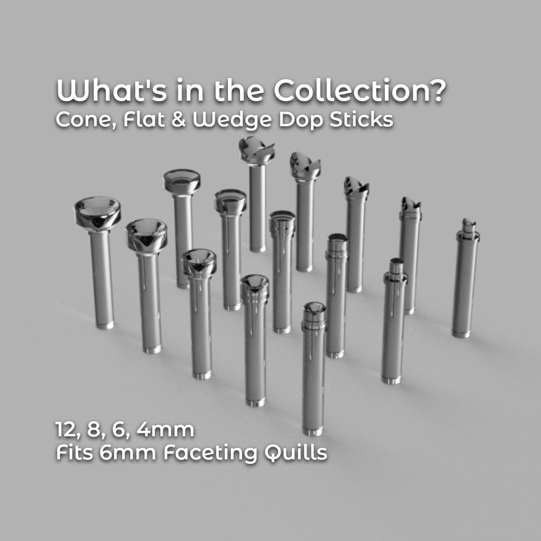 Full set of 3D-rendered dop sticks arranged in rows, including cone, flat, and wedge styles. Each dop stick is shown in reflective metal finish to visualize final proportions. Text highlights sizes 12, 8, 6, and 4 mm, all designed to fit 6 mm faceting quills. Ideal for users wanting a complete dop library for faceting or epoxy dopping.