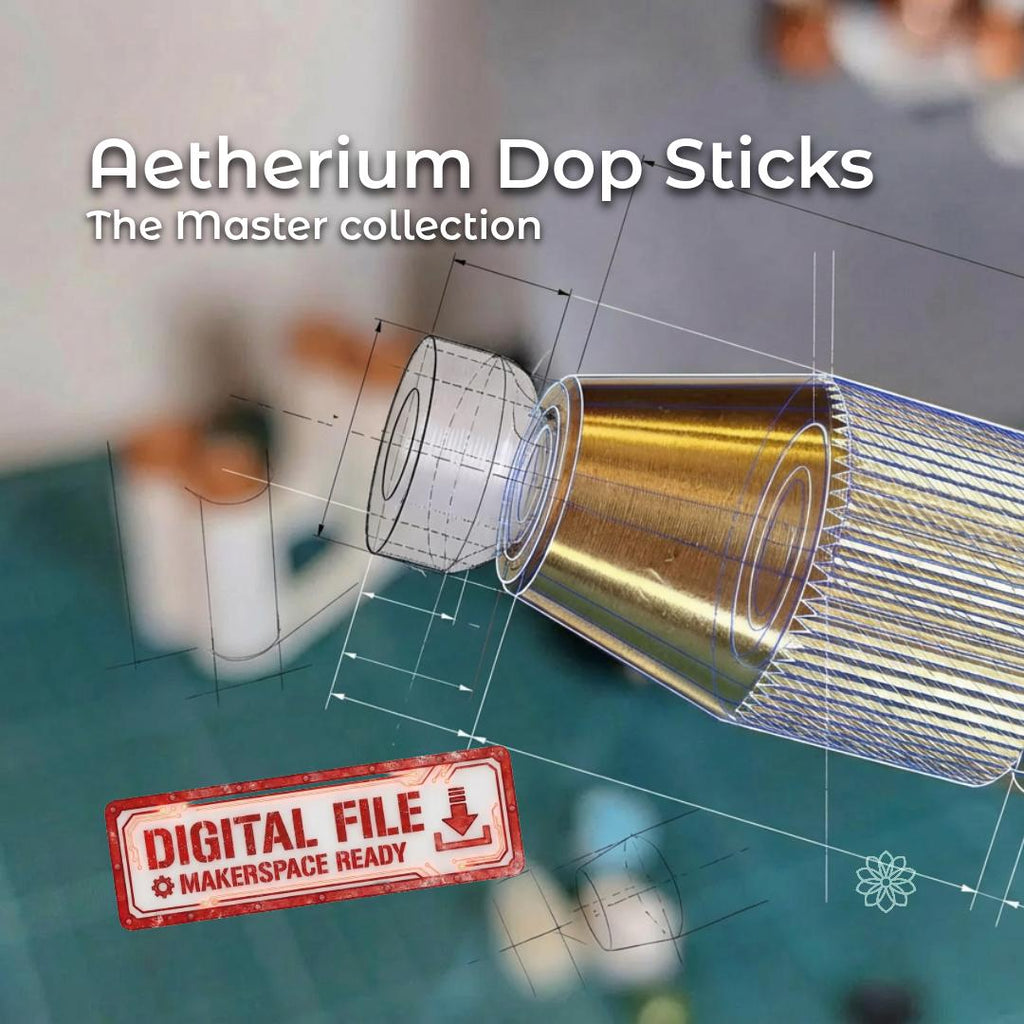 Rendered blueprint overlay showing the Aetherium Dop Stick design transitioning from CAD wireframe into a brass dop assembly. Text reads “Aetherium Dop Sticks – The Master Collection” with a “Digital File – Makerspace Ready” tag. Image communicates this is a downloadable 3D-printable dop stick system for lapidary and faceting workflows.