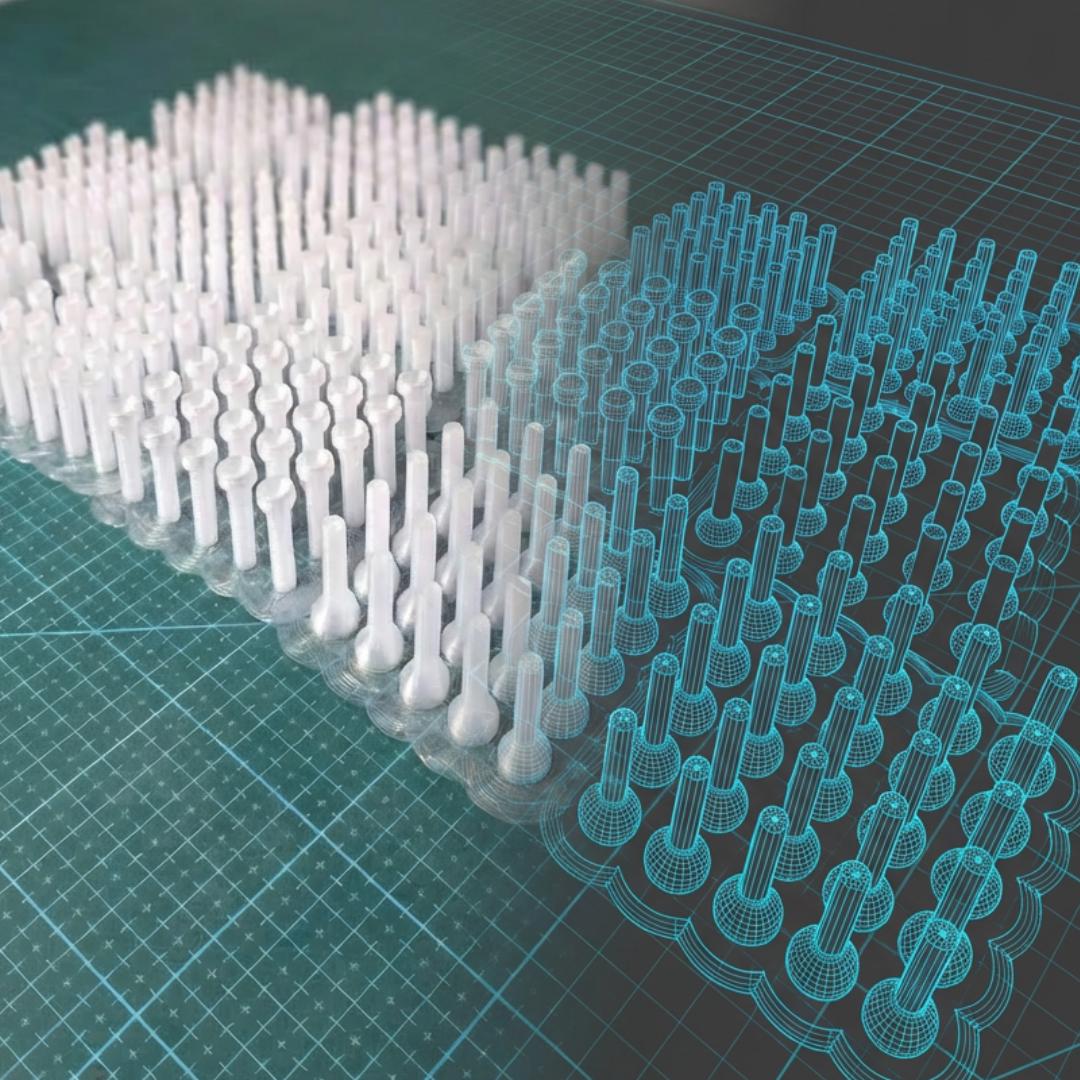 Large grid of freshly printed dop sticks on a cutting mat transitioning into a transparent CAD wireframe. Shows batch production capability and the precision modeling used to generate the digital files. Highlights how users can print dozens of dop sticks at once using optimized build plates.