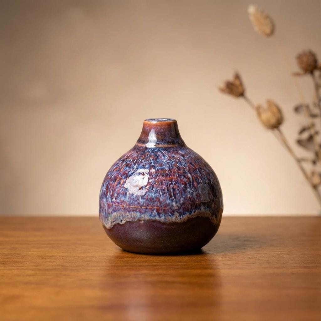 Handmade ceramic art vase photographed straight on, showing a compact, rounded body and small opening. The reactive glaze features mottled blue and iron-red textures with organic white patches, transitioning to a darker clay base. The vase rests on a wooden surface against a soft, neutral background, highlighting form, glaze movement, and balance.