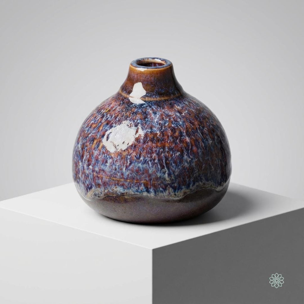 Three-quarter view of a handmade ceramic art vase displayed on a white pedestal. The rounded body and restrained neck are emphasized, along with the active reactive glaze surface in blue, rust, and violet tones. Organic white glaze marks punctuate the surface. Neutral lighting isolates the object, focusing attention on form, mass, and surface texture.