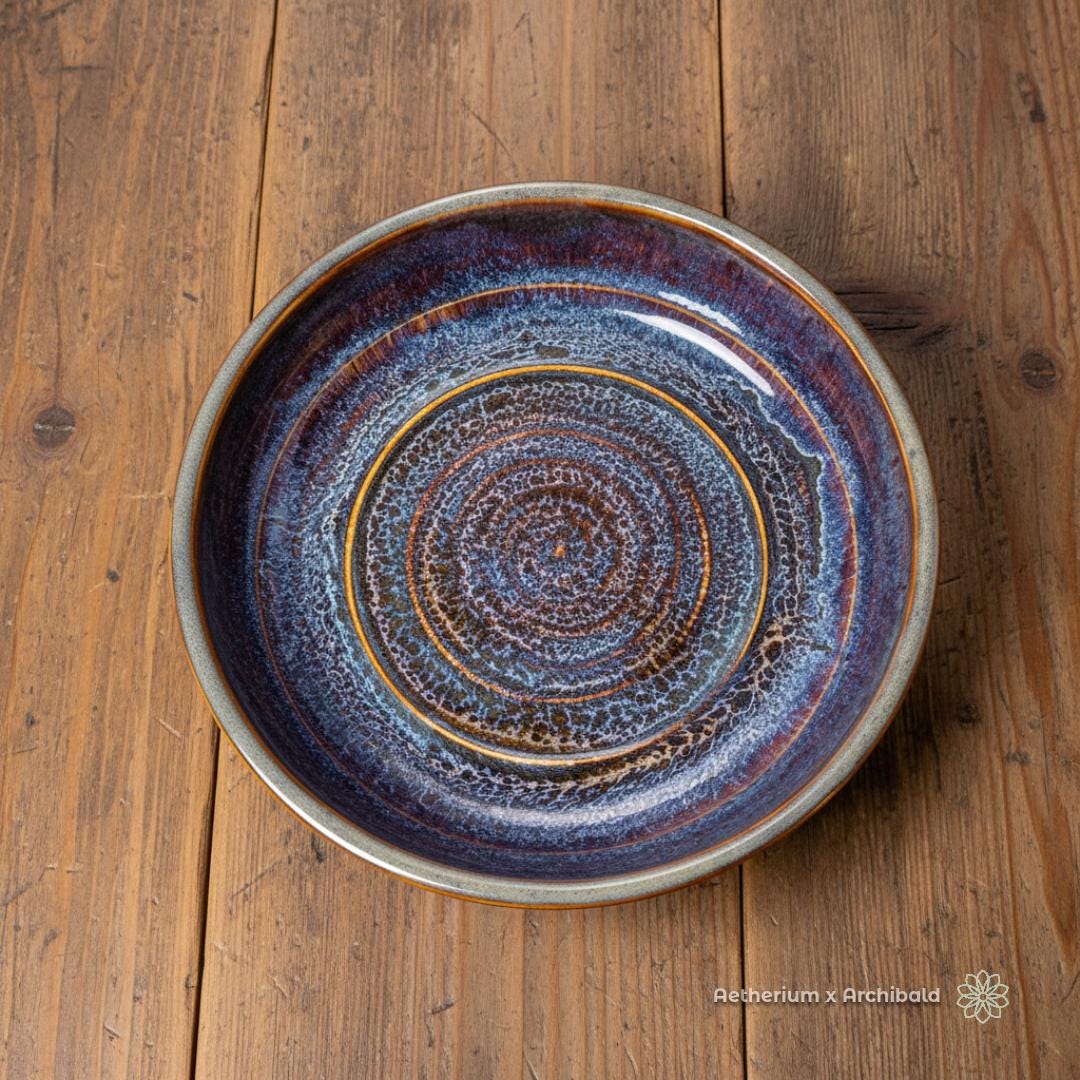 “Stoneware pasta bowl with a deep reactive glaze in blues, indigos, rust, and cream, shown from above on a warm farmhouse wood table. The bowl has a wide rim, gently sloped sides, and a textured spiral pattern. Handmade ceramic piece from the Aetherium × Archibald collection.”
