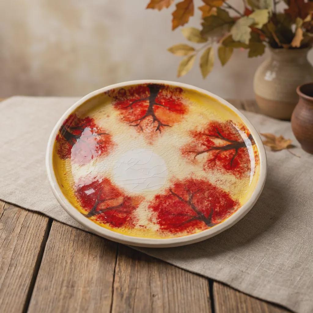 Angled view of a one-of-a-kind ceramic art plate resting on linen fabric atop a wooden table. The hand-painted red tree forms and soft yellow background are accented by a subtle kannyū crackle glaze throughout the surface.