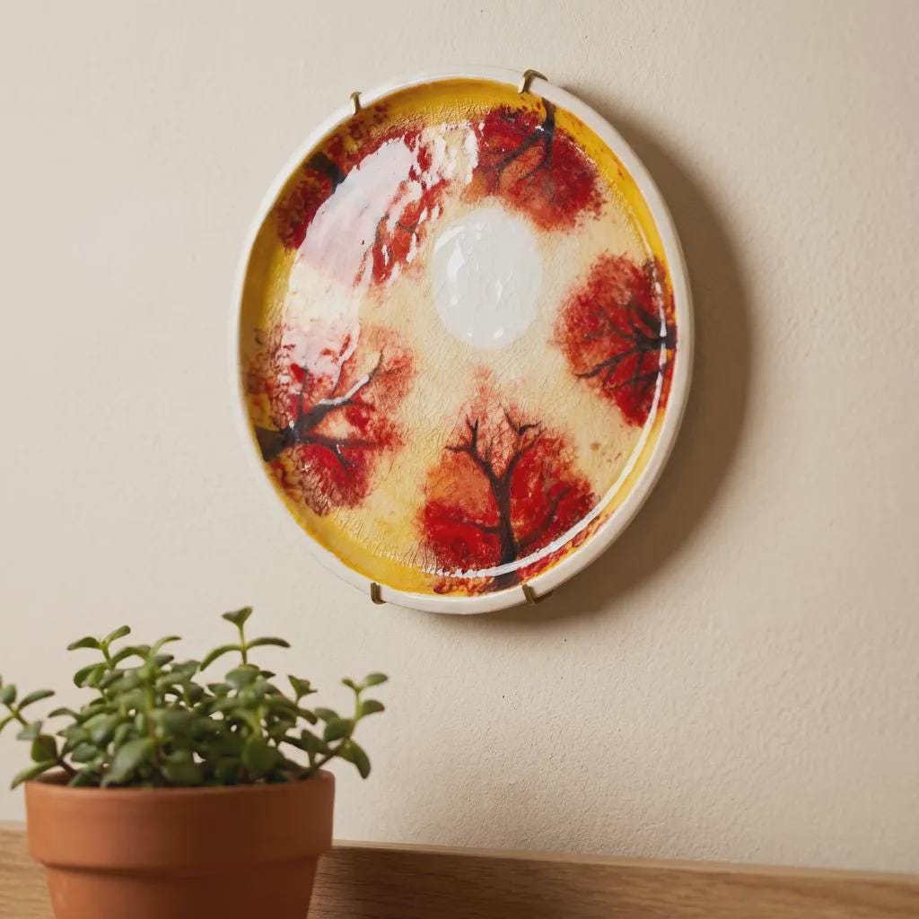 Hand-painted ceramic art plate mounted on a neutral wall above a wooden surface with a small potted plant. The red tree imagery, warm glaze tones, and visible crackle finish convey a calm, organic, Japanese-inspired decorative style.