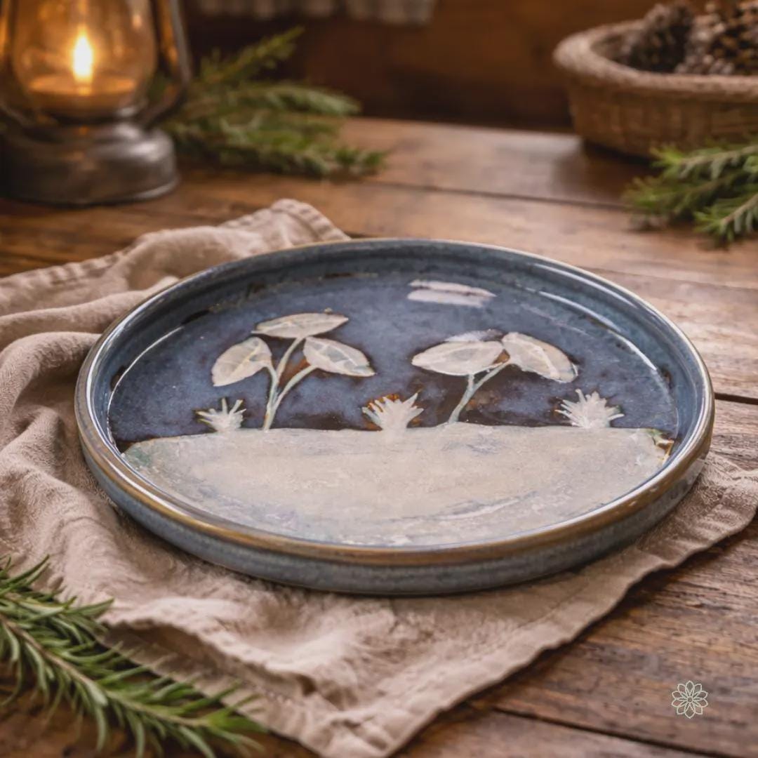 Wheel-thrown ceramic plate shown from a low angle, highlighting its shallow rim and glossy blue glaze. The surface features hand-carved white botanical shapes resembling leaves and small plants emerging from a pale textured base. The plate rests on linen fabric atop a wooden table, with warm ambient lighting that emphasizes the handcrafted, functional character of the piece.