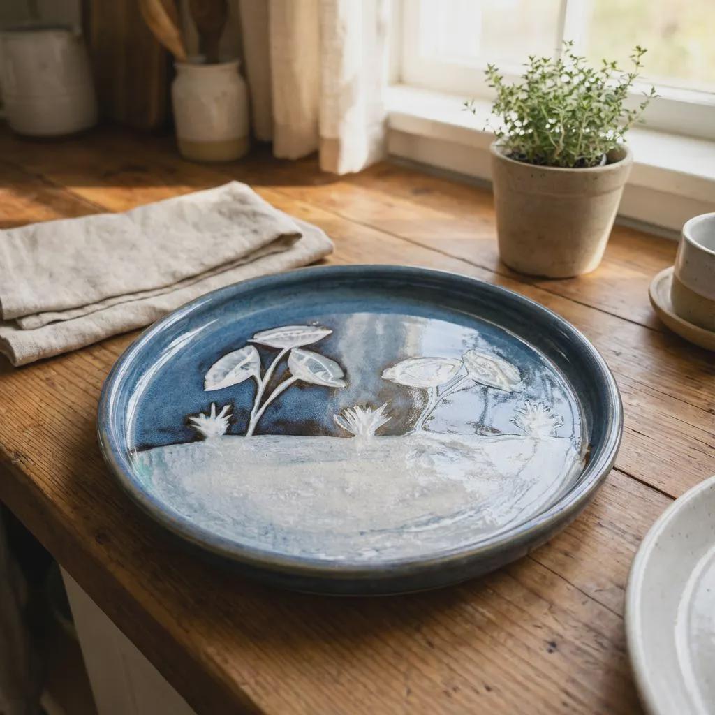 Ceramic dinner plate resting flat on a wooden table near a window, illuminated by natural daylight. The carved botanical imagery in white contrasts with the deep blue glaze, while reflections on the surface show a smooth, food-safe finish. Surrounding elements include folded linen and a small potted plant, reinforcing a calm, home-centered setting.