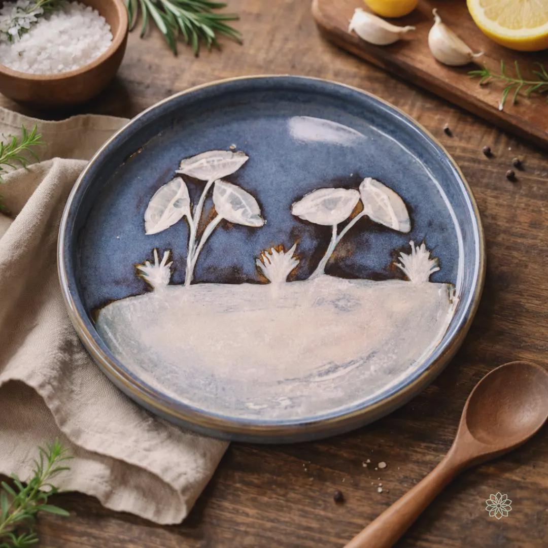 Overhead view of a handmade ceramic plate styled on a rustic wooden surface with herbs, salt, garlic, and a wooden spoon nearby. The carved botanical scene is clearly visible, with white plant forms set against a rich blue glaze and pale textured lower section. The composition highlights the plate as both functional dinnerware and a handcrafted design object.