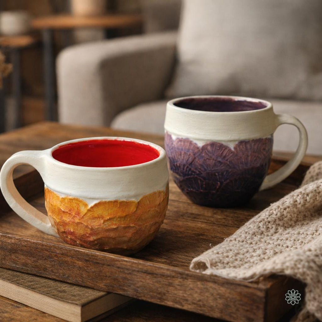 Two handmade ceramic mugs sitting on a wooden tray beside a folded knit blanket. One mug has an orange carved exterior with a red interior, the other has a plum carved exterior with a dark interior. The scene emphasizes the mugs’ rounded profiles, textured surfaces, and functional handles.