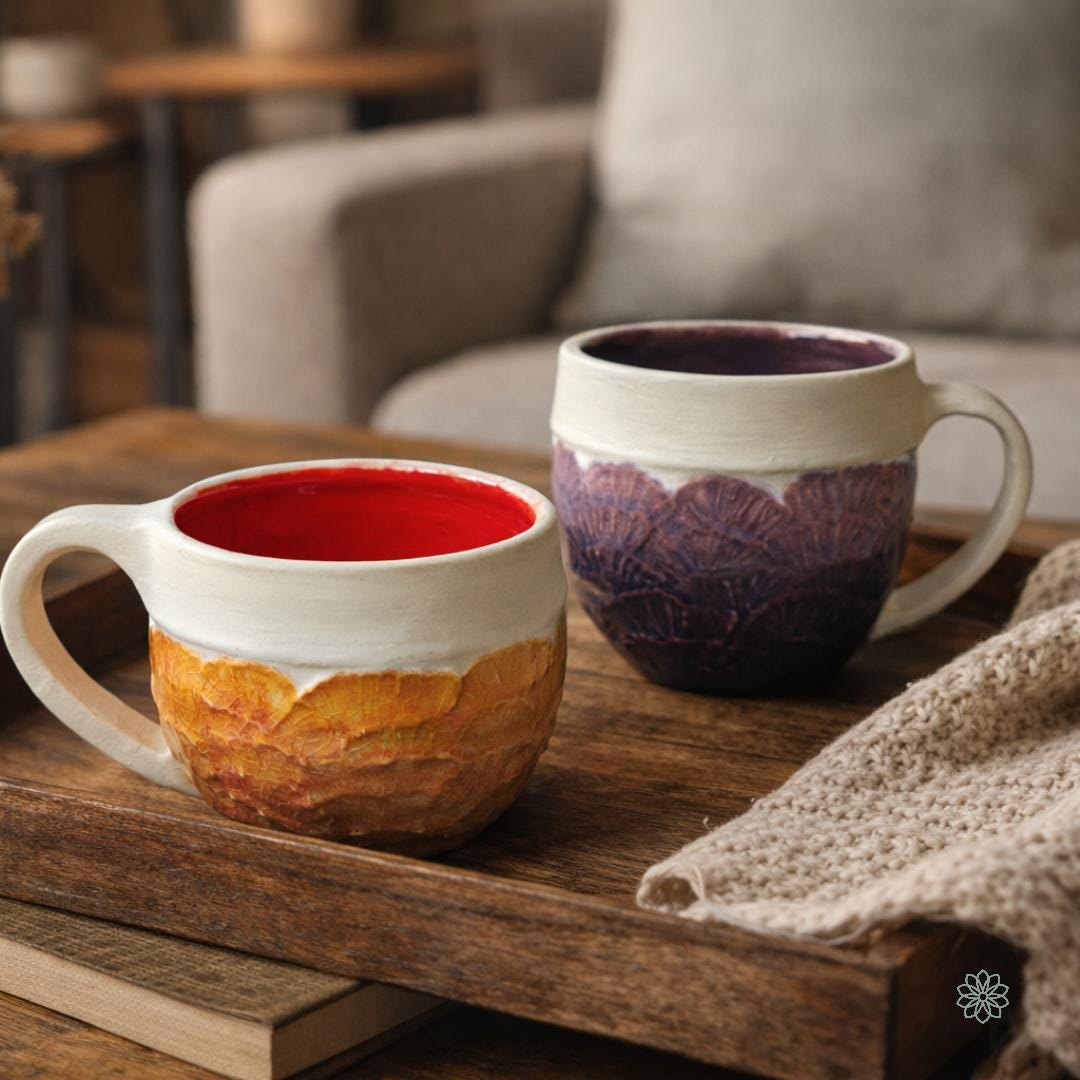 Two handmade ceramic mugs sitting on a wooden tray beside a folded knit blanket. One mug has an orange carved exterior with a red interior, the other has a plum carved exterior with a dark interior. The scene emphasizes the mugs’ rounded profiles, textured surfaces, and functional handles.