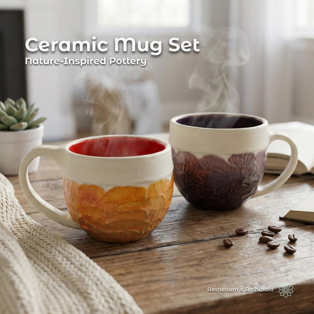 Two handmade ceramic mugs resting on a wooden table, one with a warm orange carved exterior and red interior glaze, the other with a deep plum carved exterior and dark interior glaze. Steam rises from both mugs, highlighting their rounded forms, thick rims, and curved handles in a cozy living room setting.