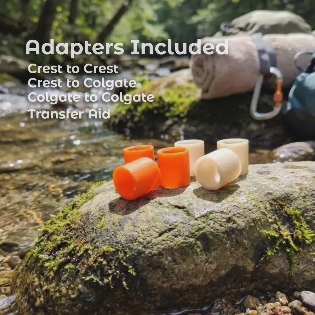 “Outdoor scene showing high-visibility orange and natural-color toothpaste transfer adapters on a moss-covered river rock, with a backpack and rolled towel in the background. Text on the image lists the adapters included: Crest to Crest, Crest to Colgate, Colgate to Colgate, and a transfer aid tool. The image conveys outdoor use, travel gear, and portability.”