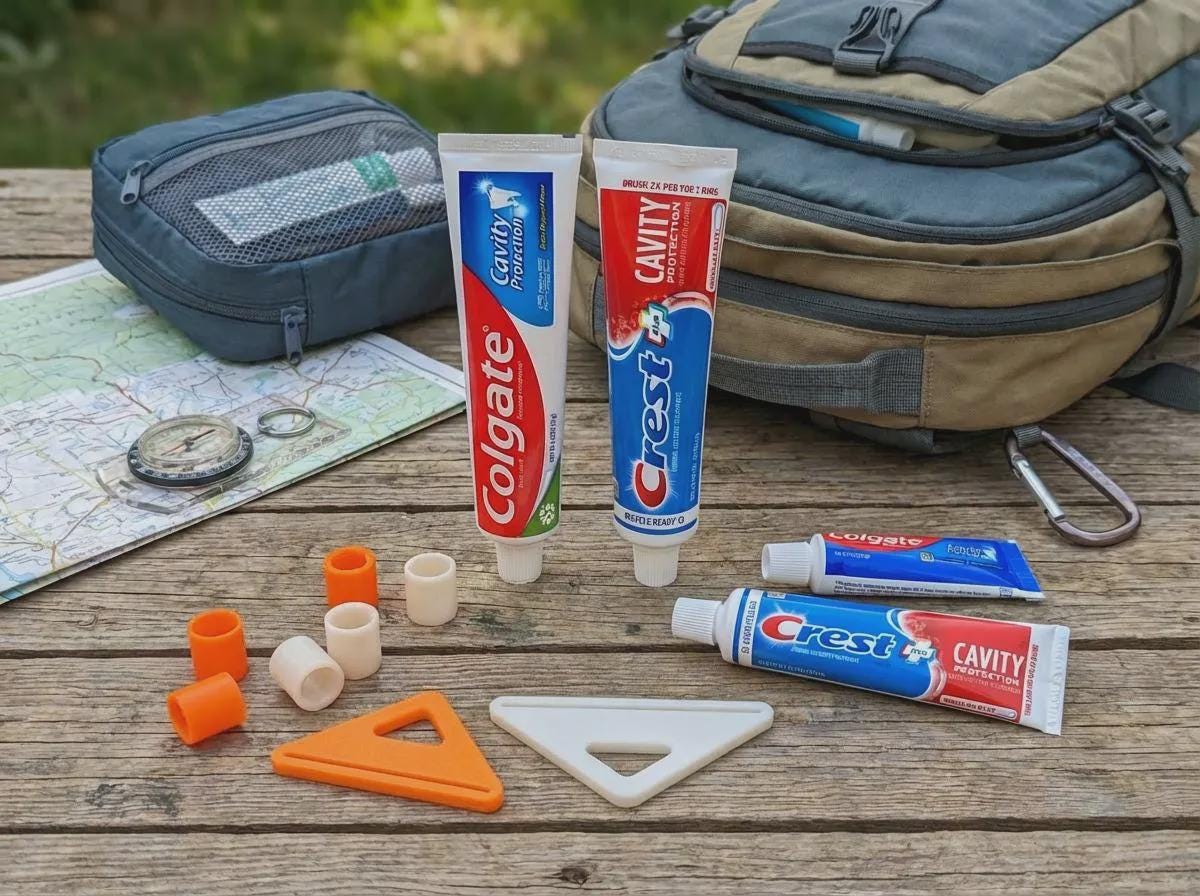 Toothpaste transfer adapters arranged with full and travel toothpaste tubes on a wooden table beside a hiking map, compass, and backpack. The setup demonstrates the adapter’s function for refilling travel tubes and reducing pack weight during backpacking, camping, or ultralight travel.