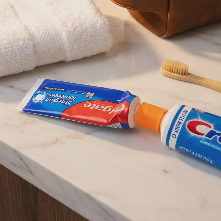 “Two toothpaste tubes connected with a high-visibility orange refill adapter on a bathroom counter, showing paste being transferred from a full Colgate tube into a Crest tube. A white towel, bamboo toothbrush, and travel toiletry bag sit nearby, highlighting the adapter’s use for clean, controlled refills in travel or camping hygiene kits.”