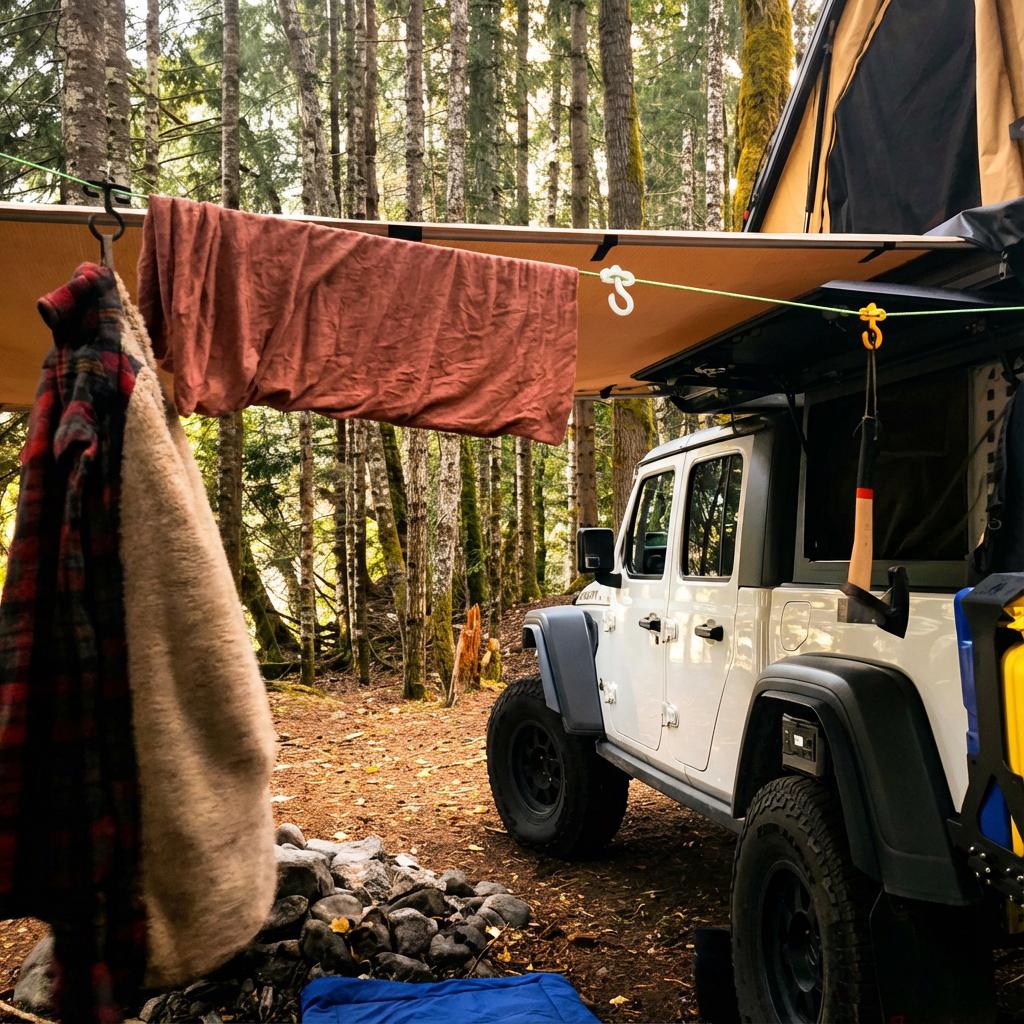 Paracord hooks hanging from a ridgeline near an overland Jeep and awning at a forest campsite. Hooks hold blankets and clothing, showing strength and real-world use for overlanding, camping, and outdoor gear storage solutions.