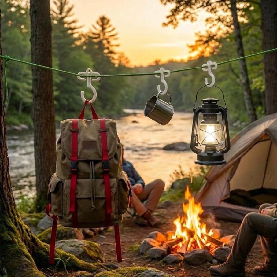 Three paracord hooks on a ridgeline hanging a backpack, metal cup, and lantern near a river at sunset. Warm campfire scene showcases the hooks’ load capacity, ease of use, and role as a compact camp organization tool for hikers and campers.