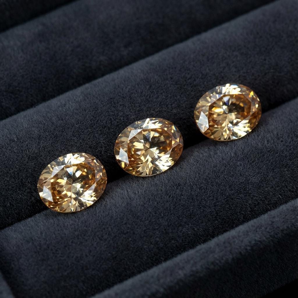 “Three oval-cut champagne CZ gemstones lined in a black jewelry tray. Bright internal fire and uniform faceting highlight the calibrated 9×7 mm cut. The warm neutral color is ideal for gold settings, custom engagement rings, and artisan jewelry work.”